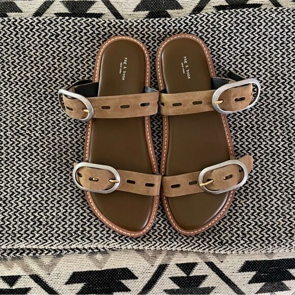 RAG & BONE ANSLEY DOUBLE SUEDE STRAP LEATHER SLIDE TAN SILVER
BUCKLES Sz-39/9 - Picture 2 of 9